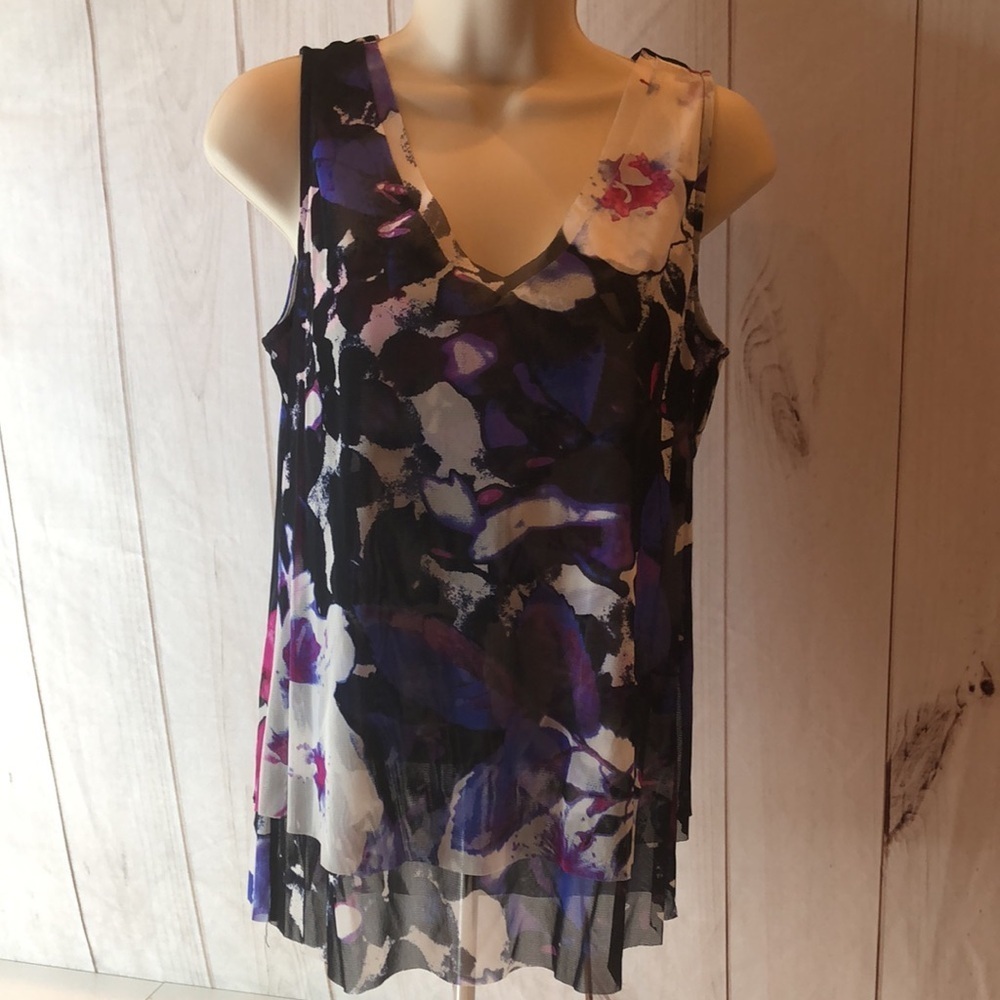 INC Floral Sheer Layered Top - Purple Blue Black Cutout Back Women's Medium